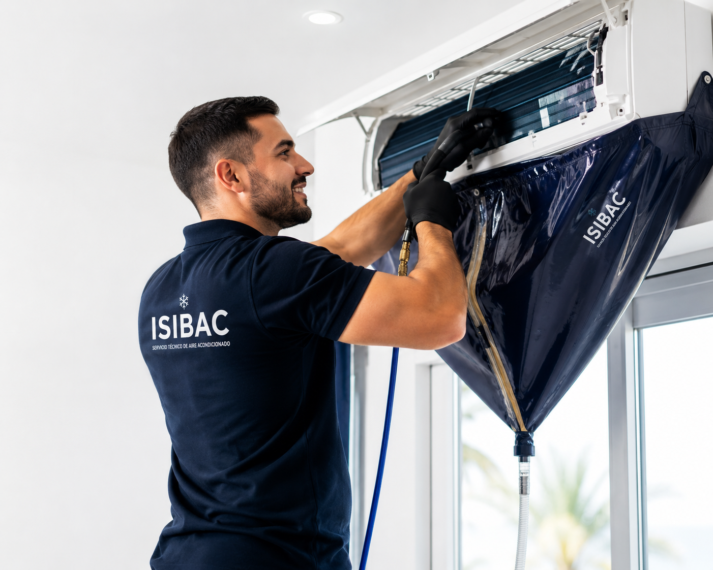 Técnico realizando el mantenimiento de un aire acondicionado en una vivienda particular